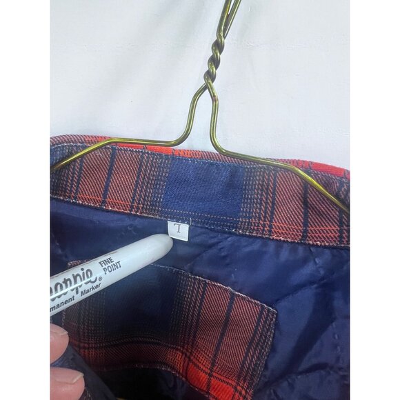 Men's Quilted Flannel Shirt Jacket Plaid Blue & Orange Sz. L Pearl Snap Vintage - Picture 3 of 13
